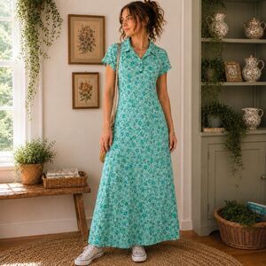 Vintage 90s All That Jazz Floral Maxi Dress Women's Medium Green Blue Collared